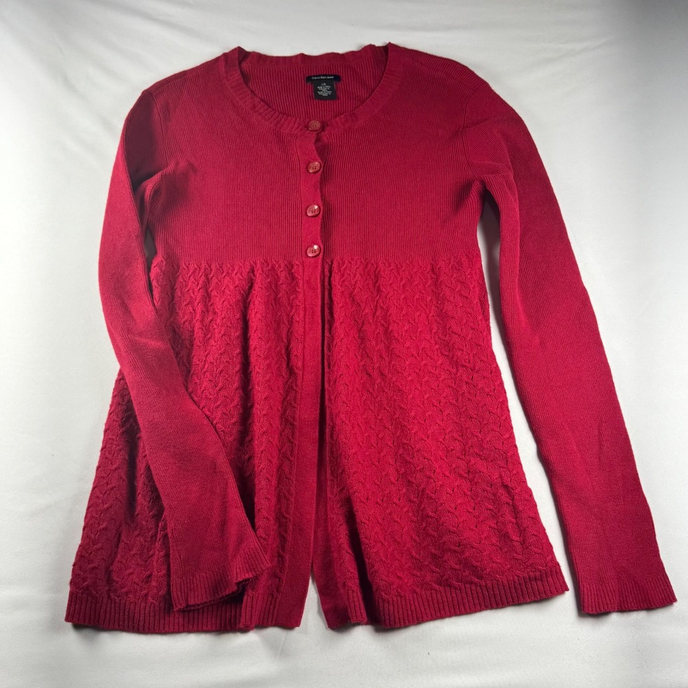 Calvin Klein Jeans Womens Red Ribbed Mixed Knit Button Front Cardigan Sweater L